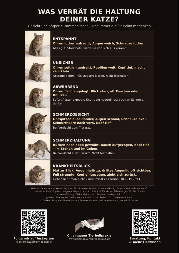 Plakat: Sechsmal dieselbe Katze von entspannt bis Krankheitsblick