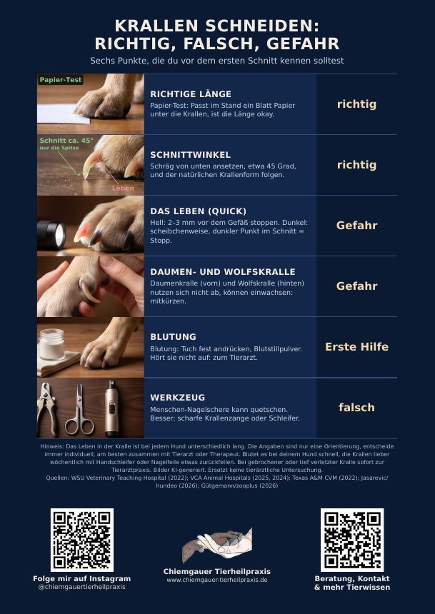 Plakat: Krallen beim Hund richtig schneiden, mit Papier-Test, Schnittwinkel und Quick