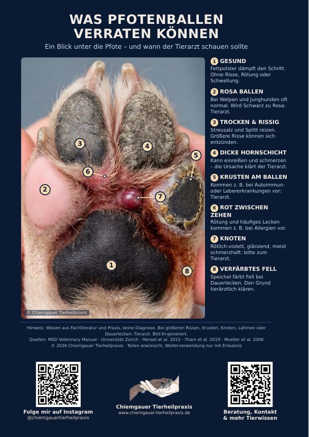 Plakat: Pfote eines Hundes von unten mit acht beschrifteten Auffälligkeiten