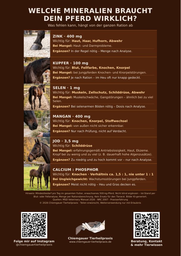 Plakat: Mineralien beim Pferd – Zink, Kupfer, Selen, Mangan, Jod sowie Calcium und Phosphor